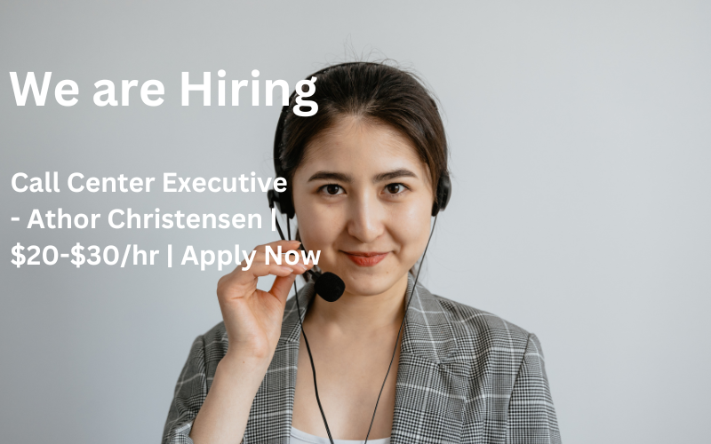 Join The Elite Job as a Call Center Executive Athor Christensen! Earn $20–$30/hr with career growth, competitive benefits, and a dynamic work environment. Apply today!